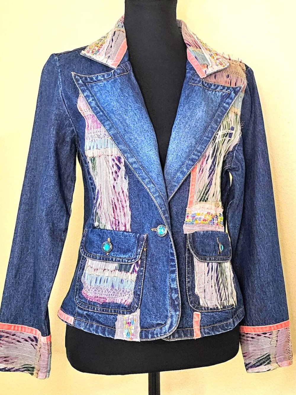 Life Style Blue Denim Embellished Blazer Jacket, Boho Artsy Gauze & Sequins, PM